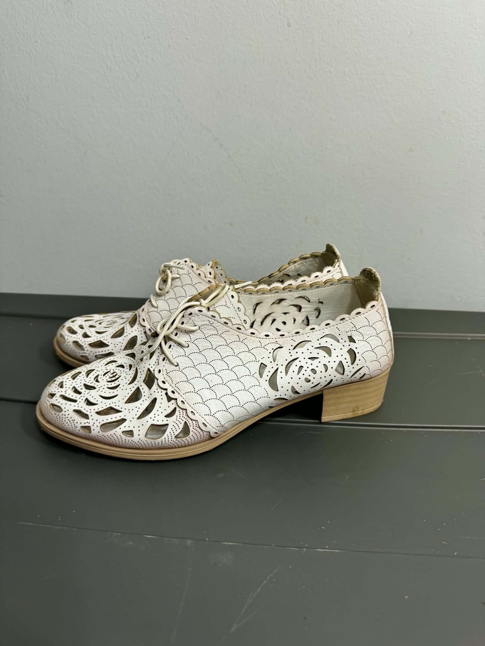 White Laser Cut Low Heel Oxford Shoes